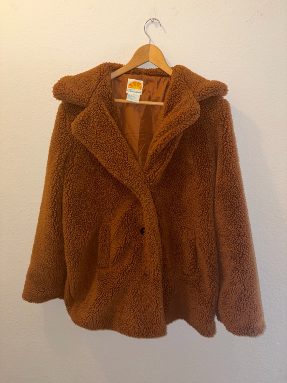 Vtg C&C California Jacket M Tan Sherpa Teddy Coat Pockets Front Long Sleeve